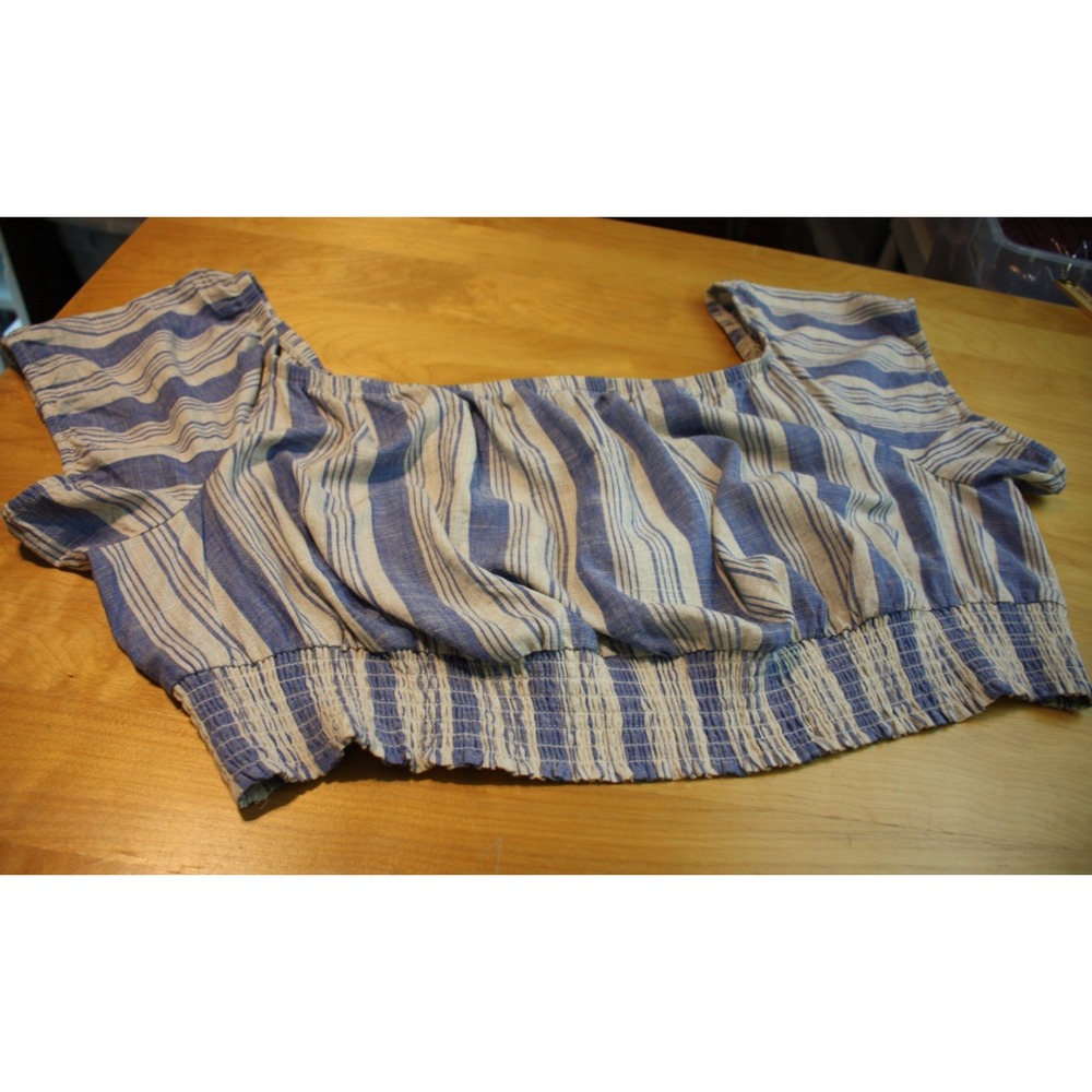 TORRID Top Womens 5X Blue Striped Off the Shoulder Crop Stretch Linen Blouse NWT